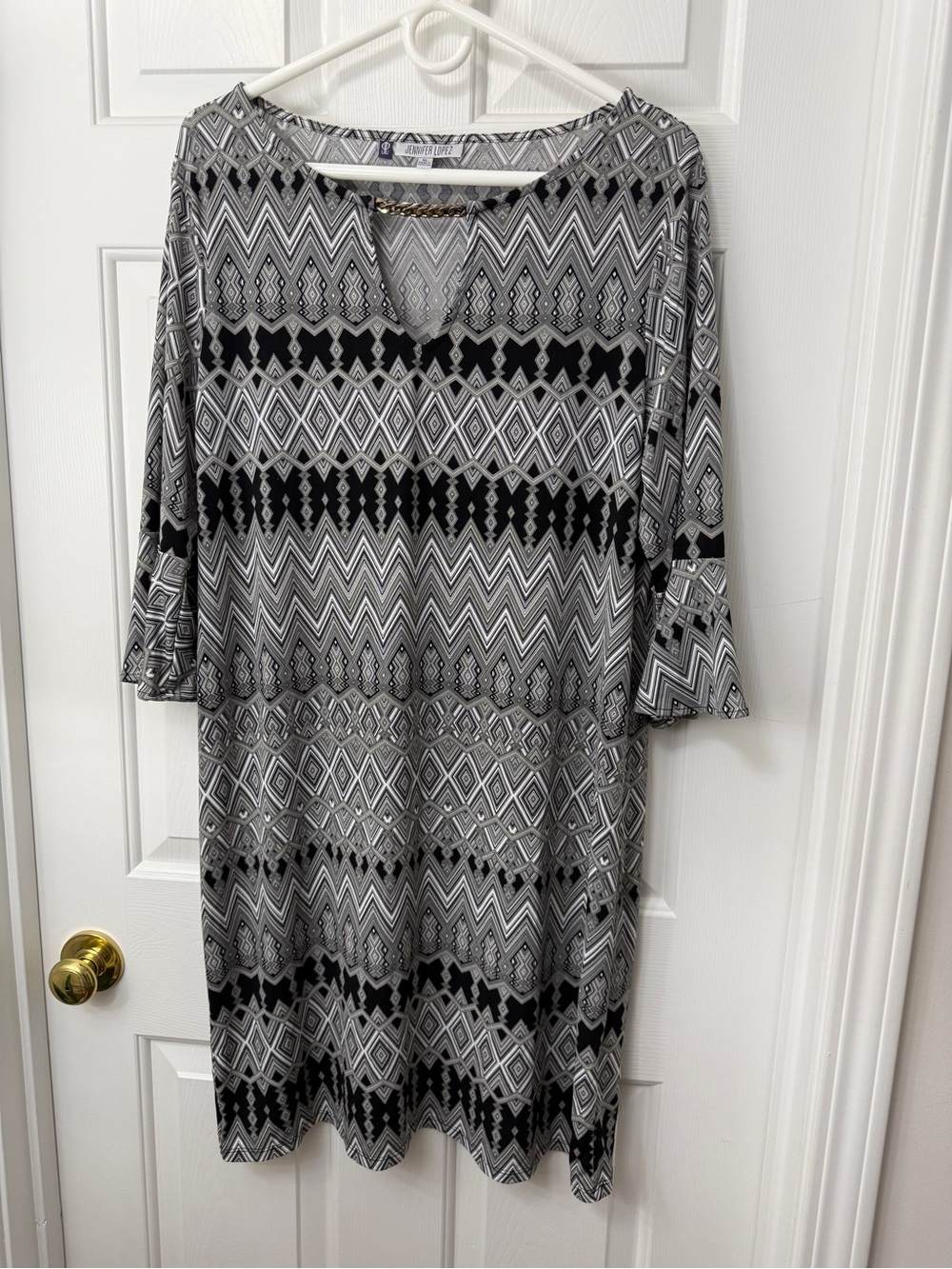 Jennifer Lopez Black and White Geometric Chain-Accent Dress